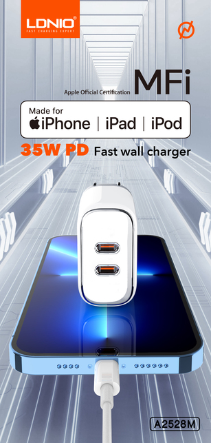 LDNIO A2528M 35W MFi duál usb C hálózati töltő + lightning kábel